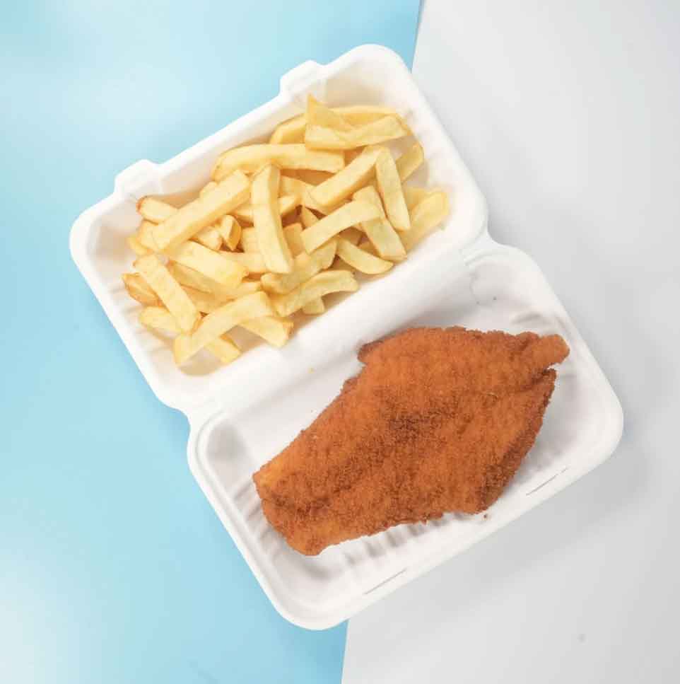 A piece of golden-brown fried fish and a pile of chunky French fries.